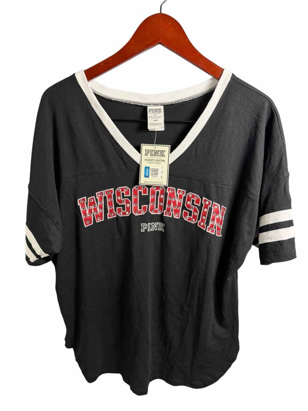 PINK Victoria's Secret Black V-Neck Wisconsin Graphic Tee with White Trim